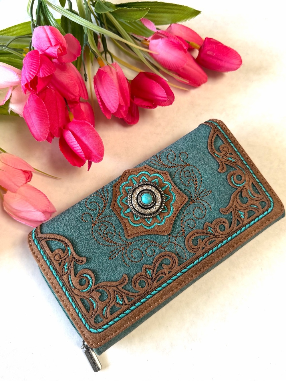 Montana West Western Rhinestone Turquoise Teal Brown Wallet